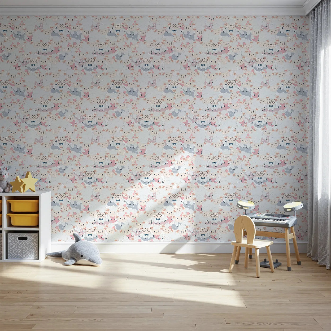 Front view of Whimsy Tots' Fluffy Hearts Flock Wallpaper