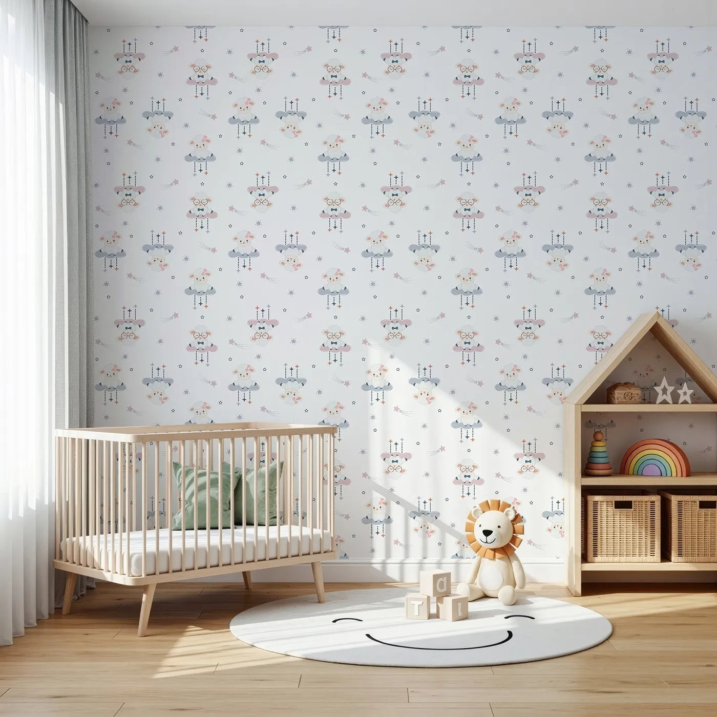 Front view of Whimsy Tots' Dreamy Lamb Drops Wallpaper