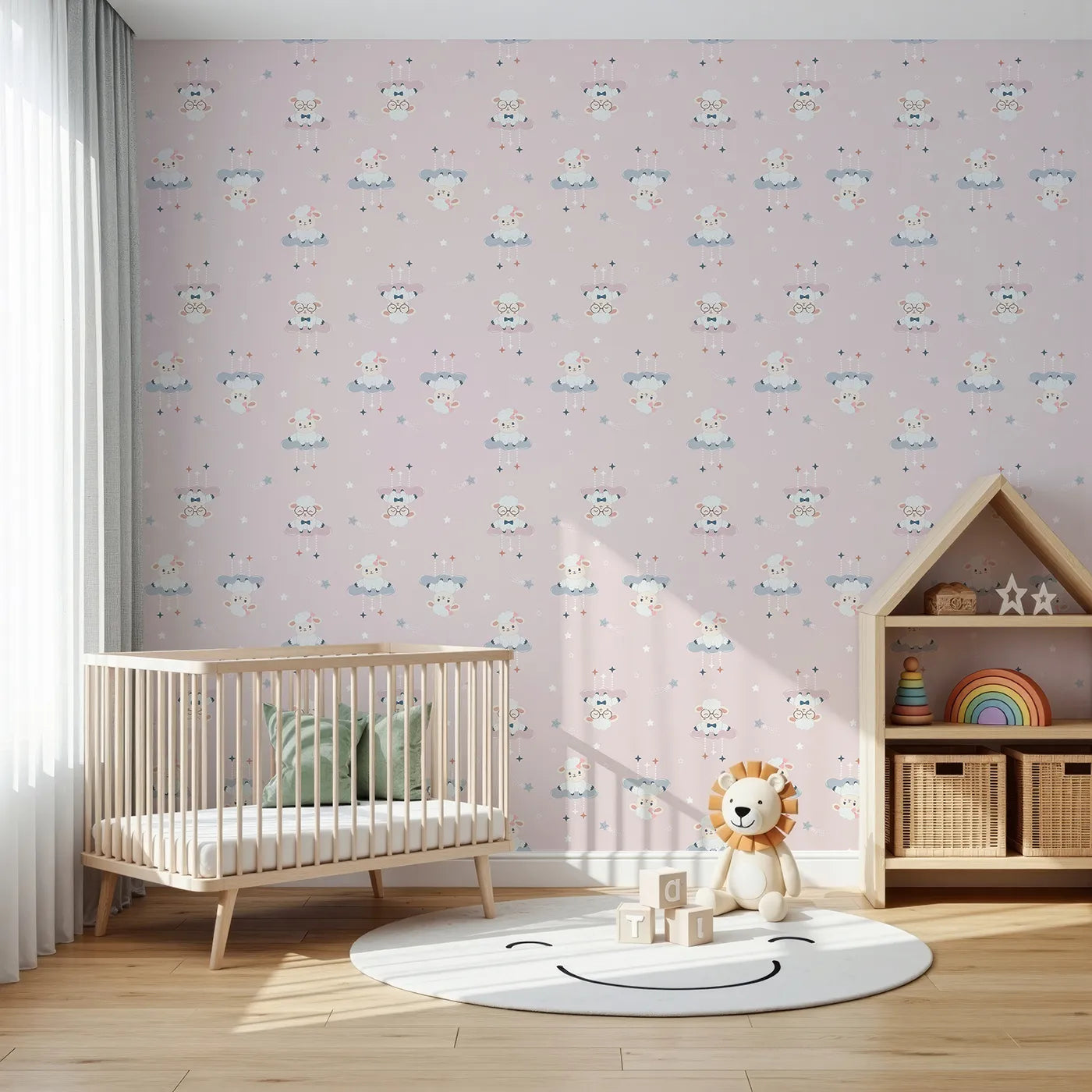 Front view of Whimsy Tots' Dreamy Lamb Drops Wallpaper in Blush Pink