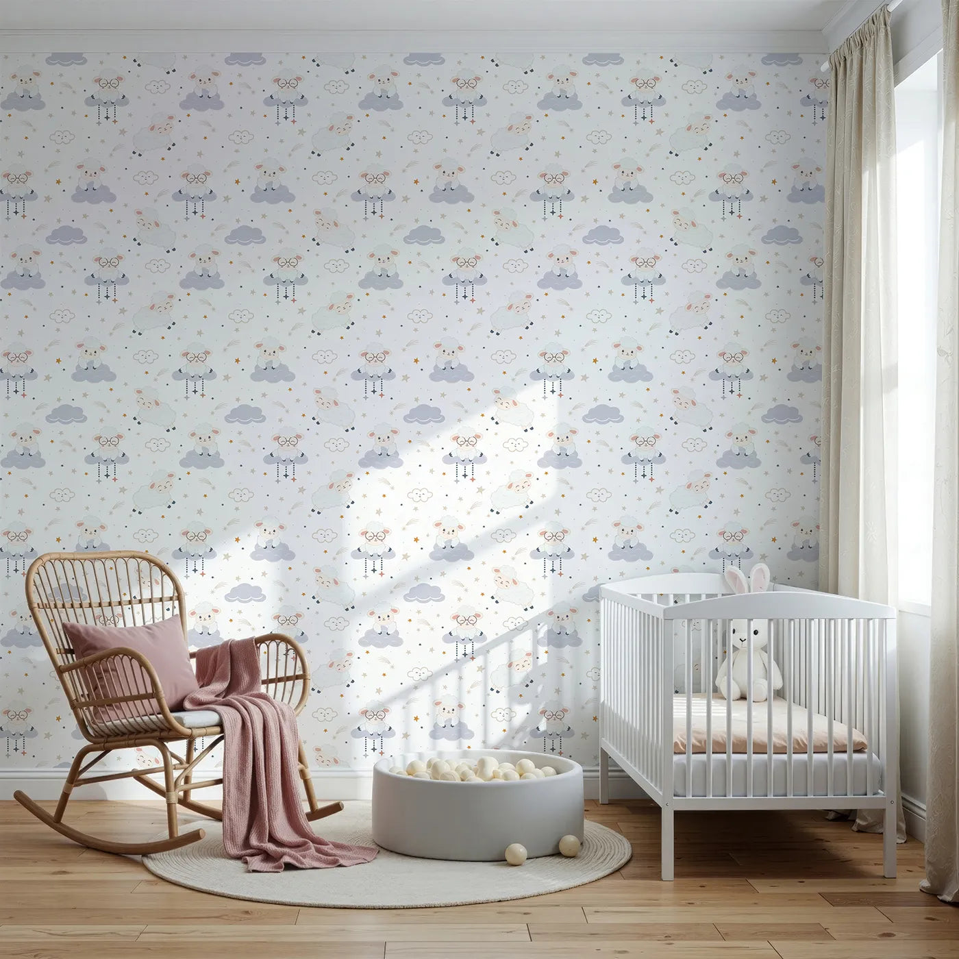 Front view of Whimsy Tots' Counting Sheep Dreams Wallpaper in White