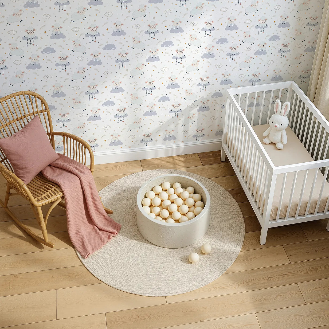 Top-Down view of Whimsy Tots' Counting Sheep Dreams Wallpaper in White (W3470A).Gentle sheep float on clouds and twinkle under stars in this dreamy white wallpaper.