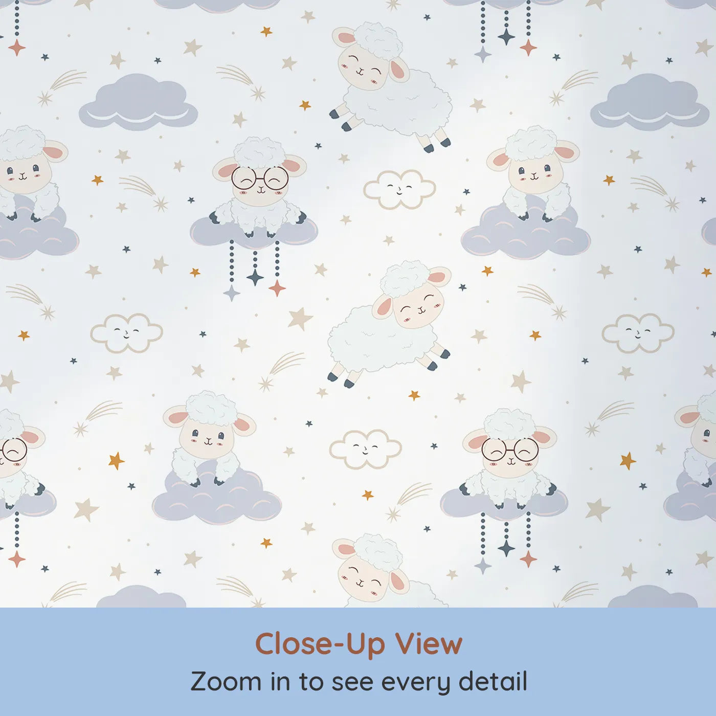 Close-up view of Whimsy Tots' Counting Sheep Dreams Wallpaper in White (W3470A).Gentle sheep float on clouds and twinkle under stars in this dreamy white wallpaper.