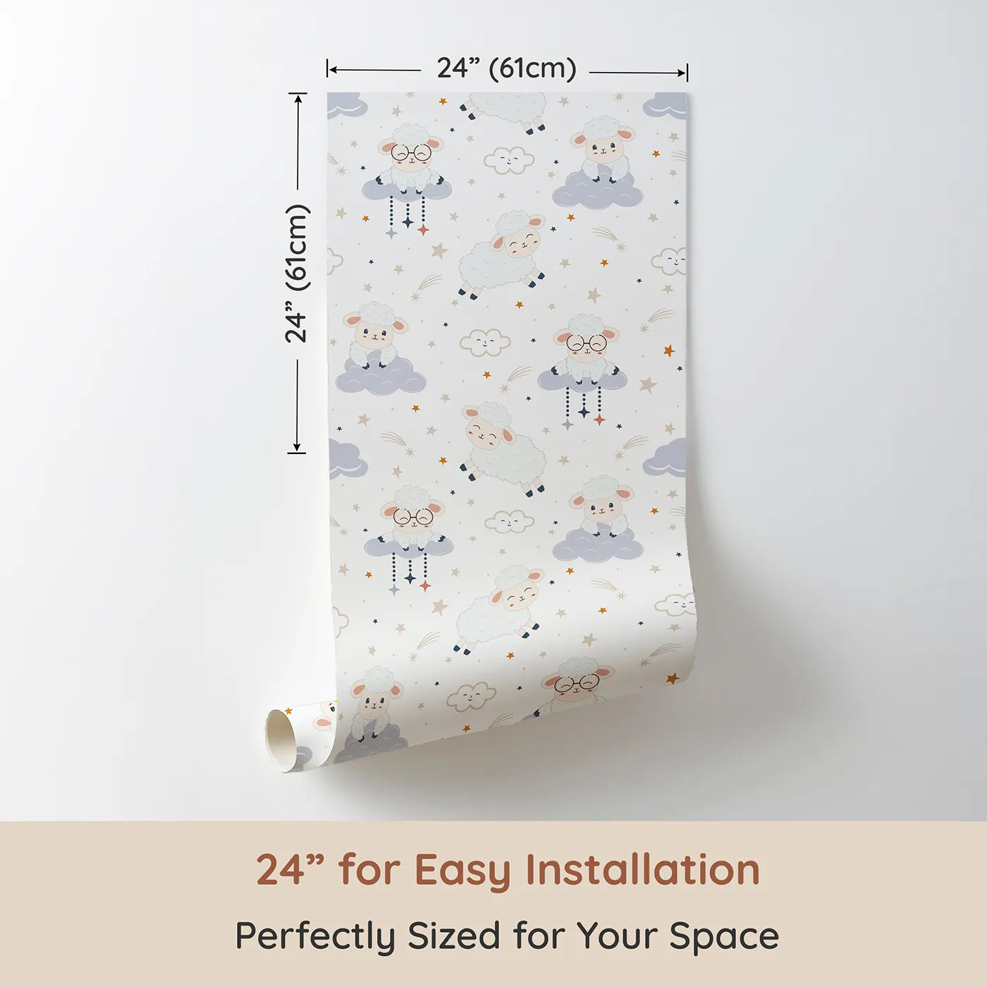 Dimension view of Whimsy Tots Counting Sheep Dreams Wallpaper in White (W3470A). Printed in 24-inch-wide panel for easy installation. Gentle sheep float on clouds and twinkle under stars in this dreamy white wallpaper.