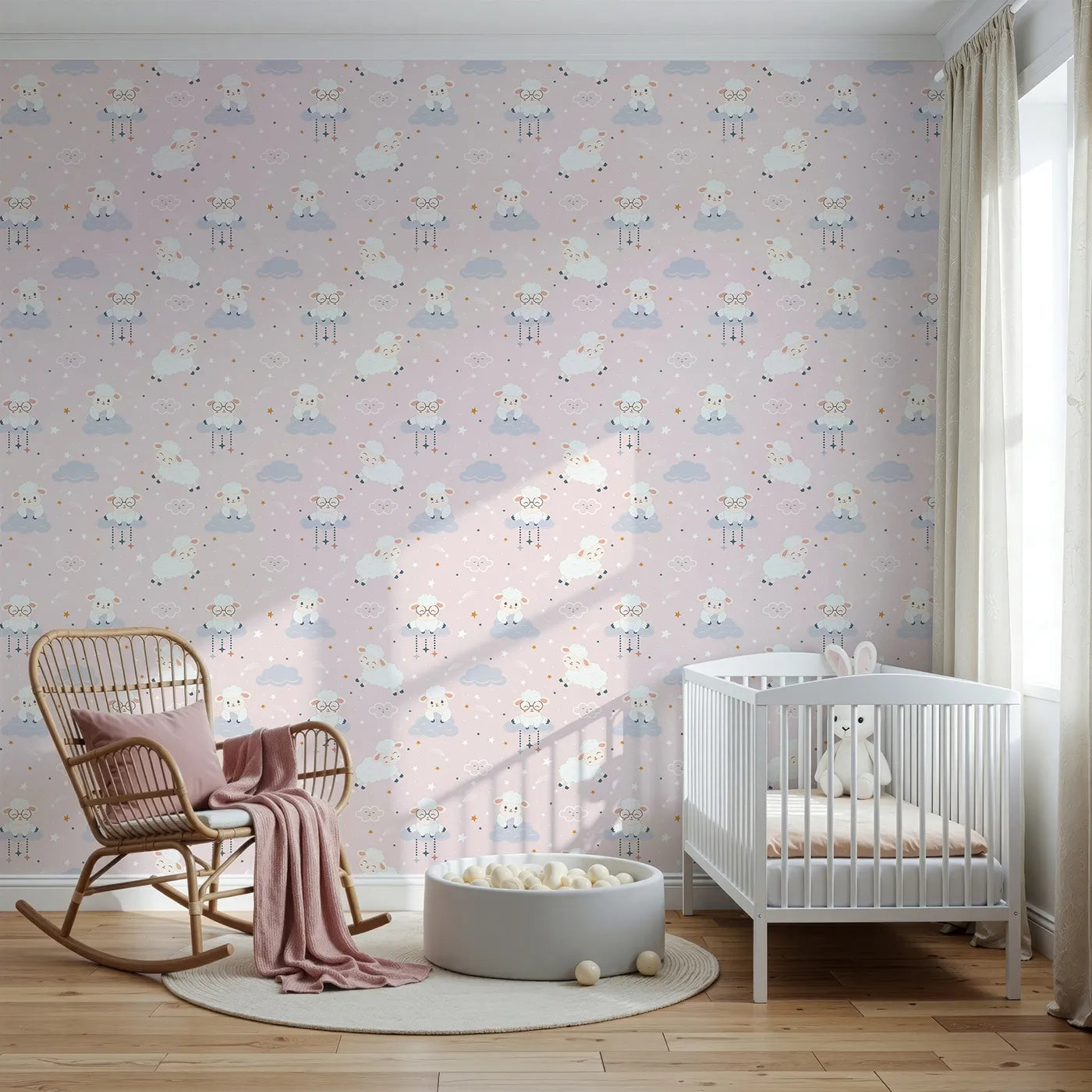Front view of Whimsy Tots' Counting Sheep Dreams Wallpaper in Blush Pink
