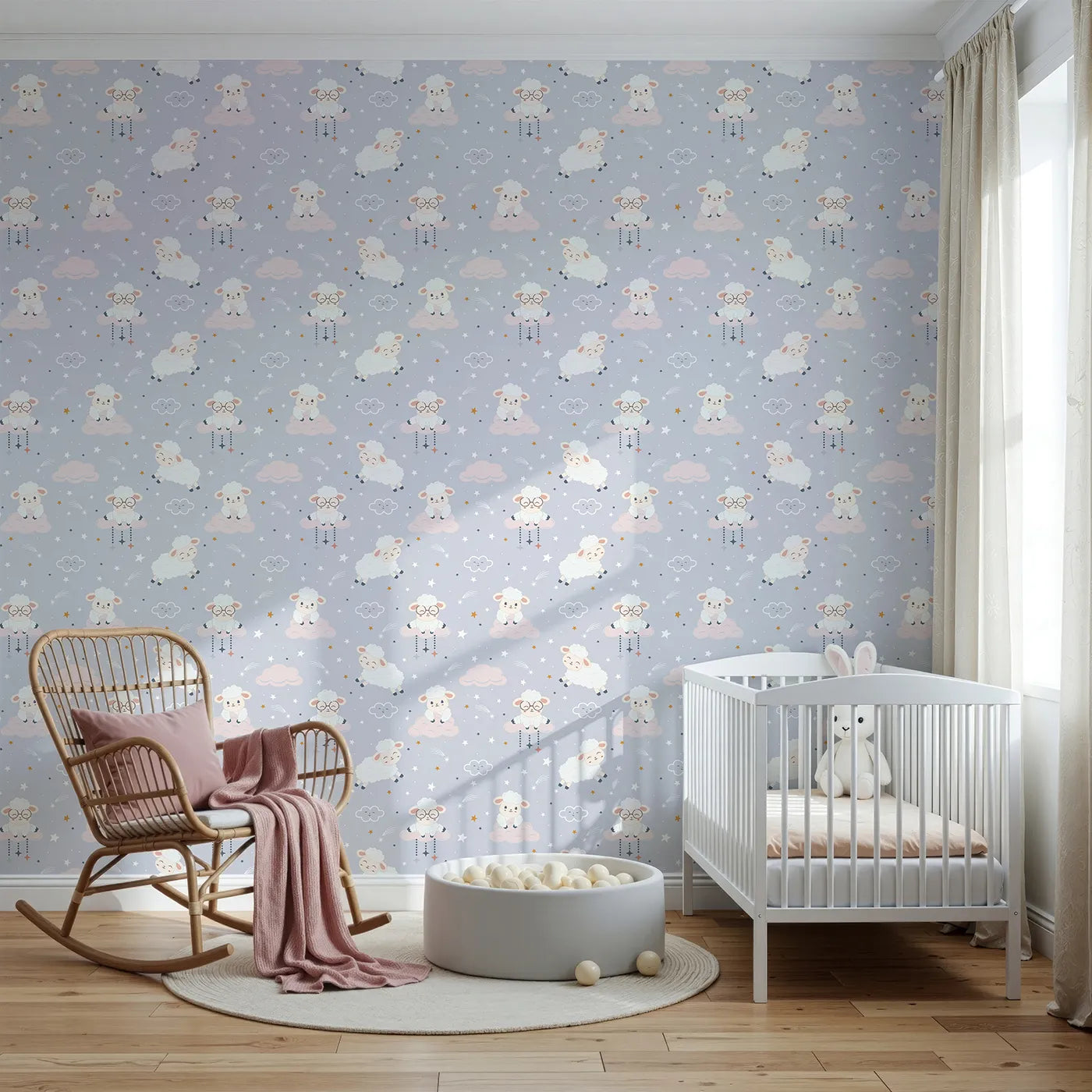 Front view of Whimsy Tots' Counting Sheep Dreams Wallpaper in Lavender