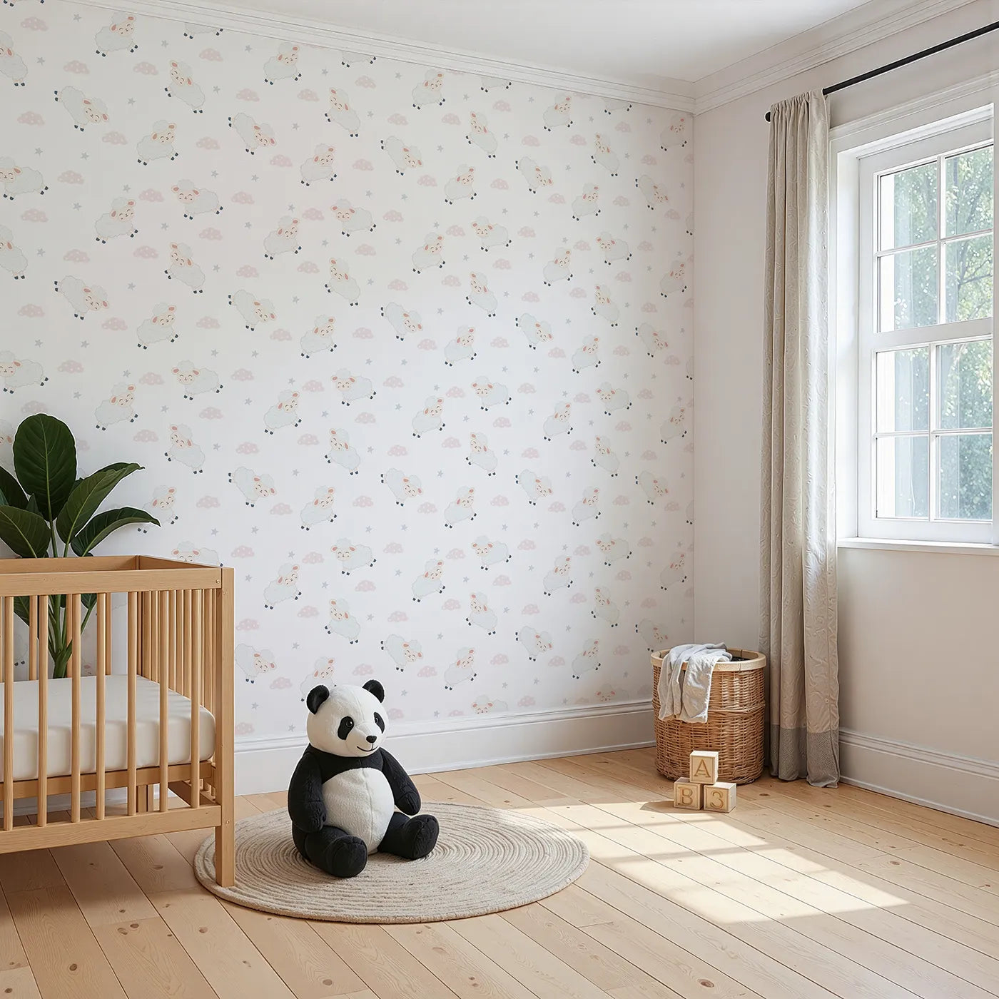 Angled view of Whimsy Tots' Little Lamb Hops Wallpaper in Soft Sky (W3471A).Smiling lambs leap across a soft white sky of stars and giggles.