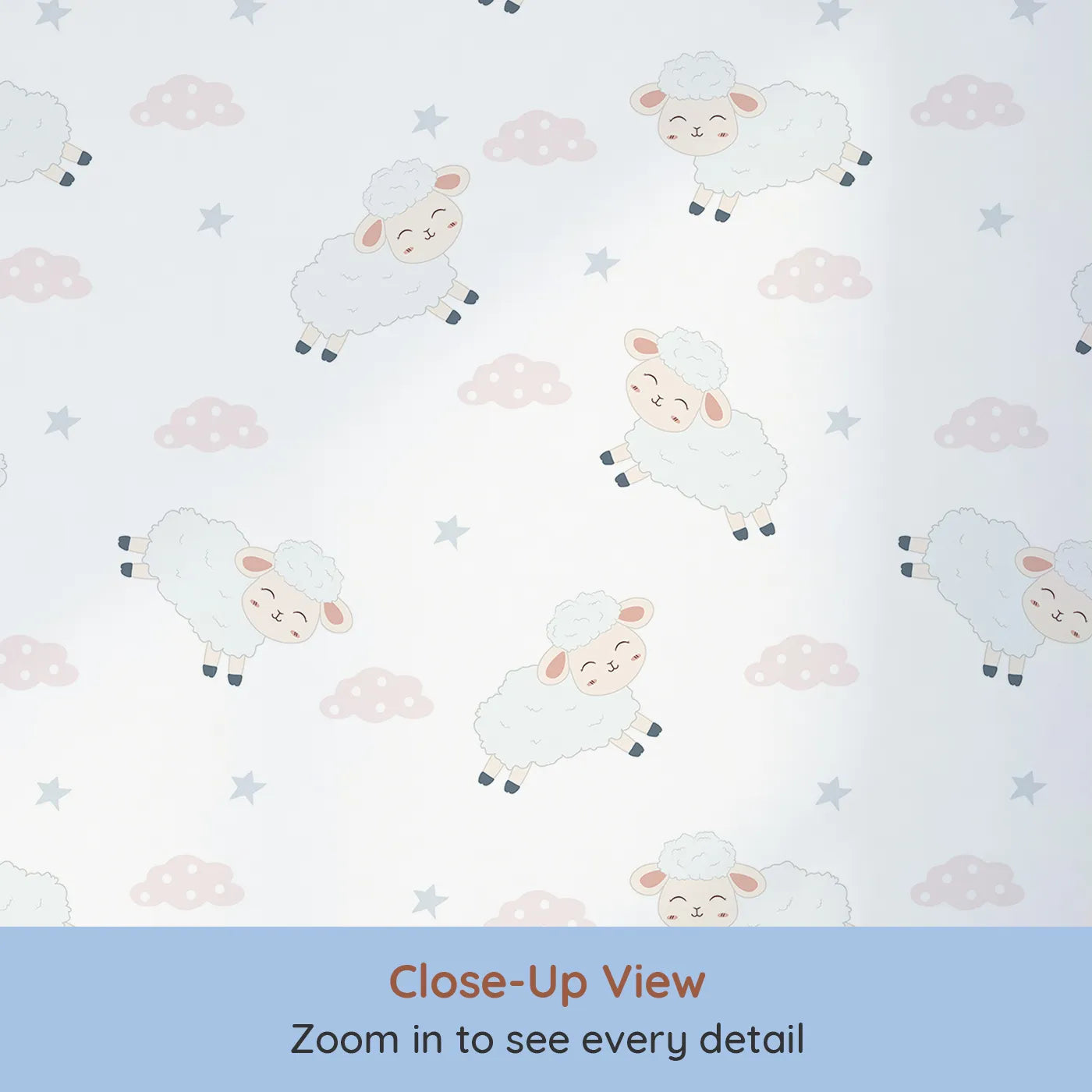 Close-up view of Whimsy Tots' Little Lamb Hops Wallpaper in Soft Sky (W3471A).Smiling lambs leap across a soft white sky of stars and giggles.