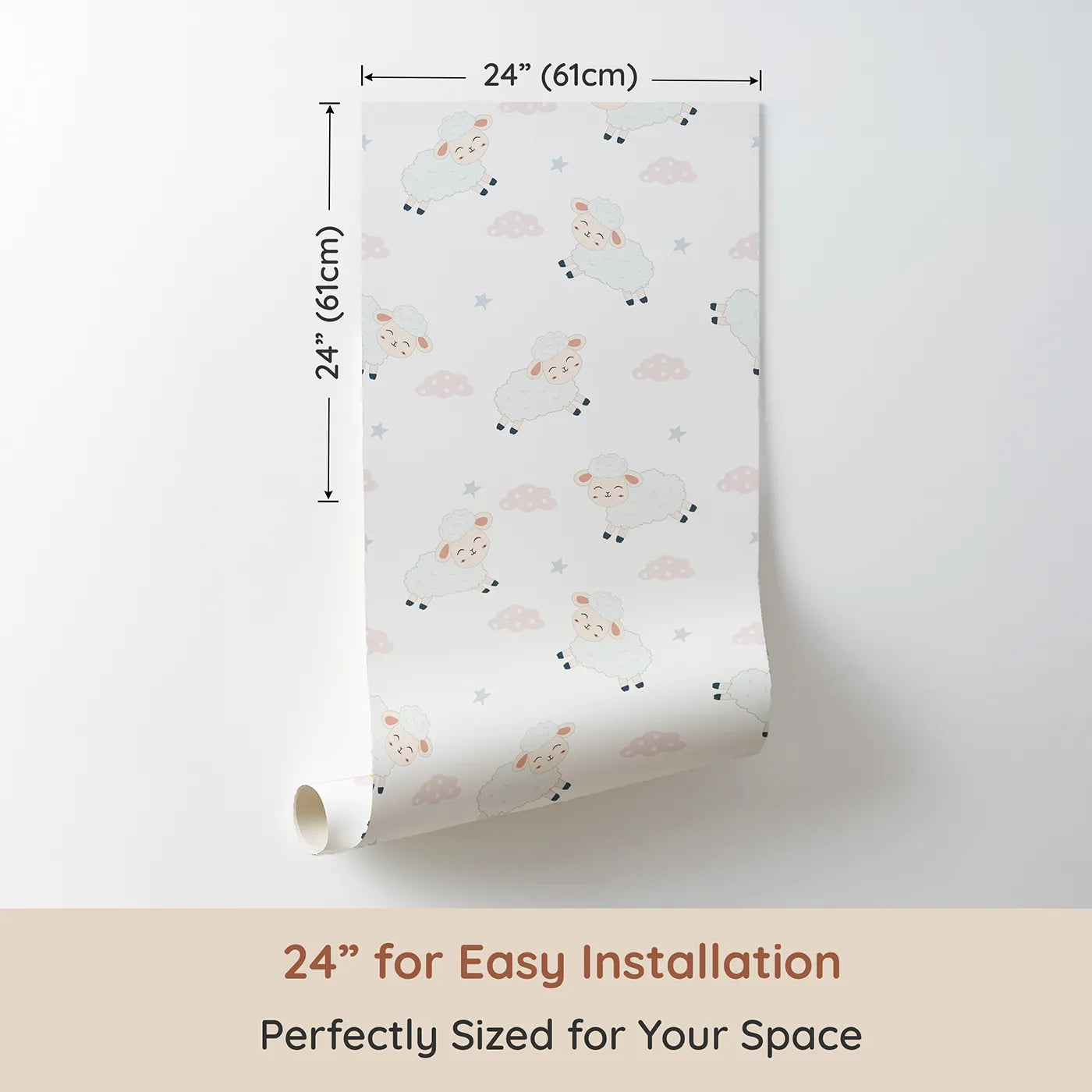 Dimension view of Whimsy Tots Little Lamb Hops Wallpaper in Soft Sky (W3471A). Printed in 24-inch-wide panel for easy installation. Smiling lambs leap across a soft white sky of stars and giggles.