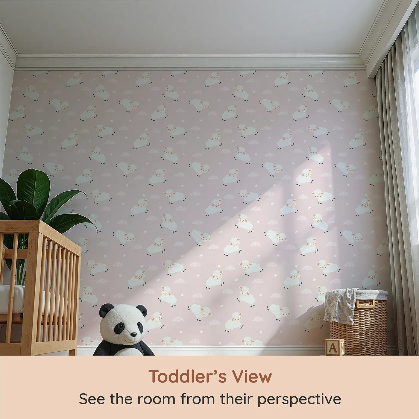 Whimsy Tots Little Lamb Hops Wallpaper in Blush Pink (W3471B) from your child's view.Fluffy lambs bounce across a rosy blush sky of clouds and cuddles.
