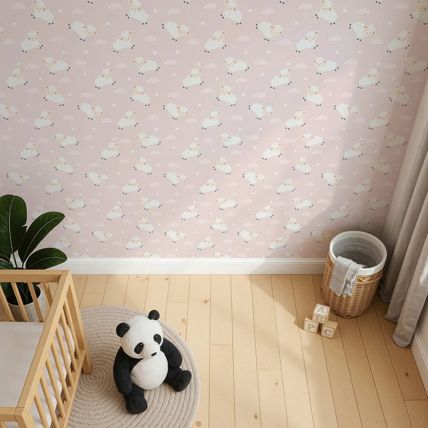 Top-Down view of Whimsy Tots' Little Lamb Hops Wallpaper in Blush Pink (W3471B).Fluffy lambs bounce across a rosy blush sky of clouds and cuddles.