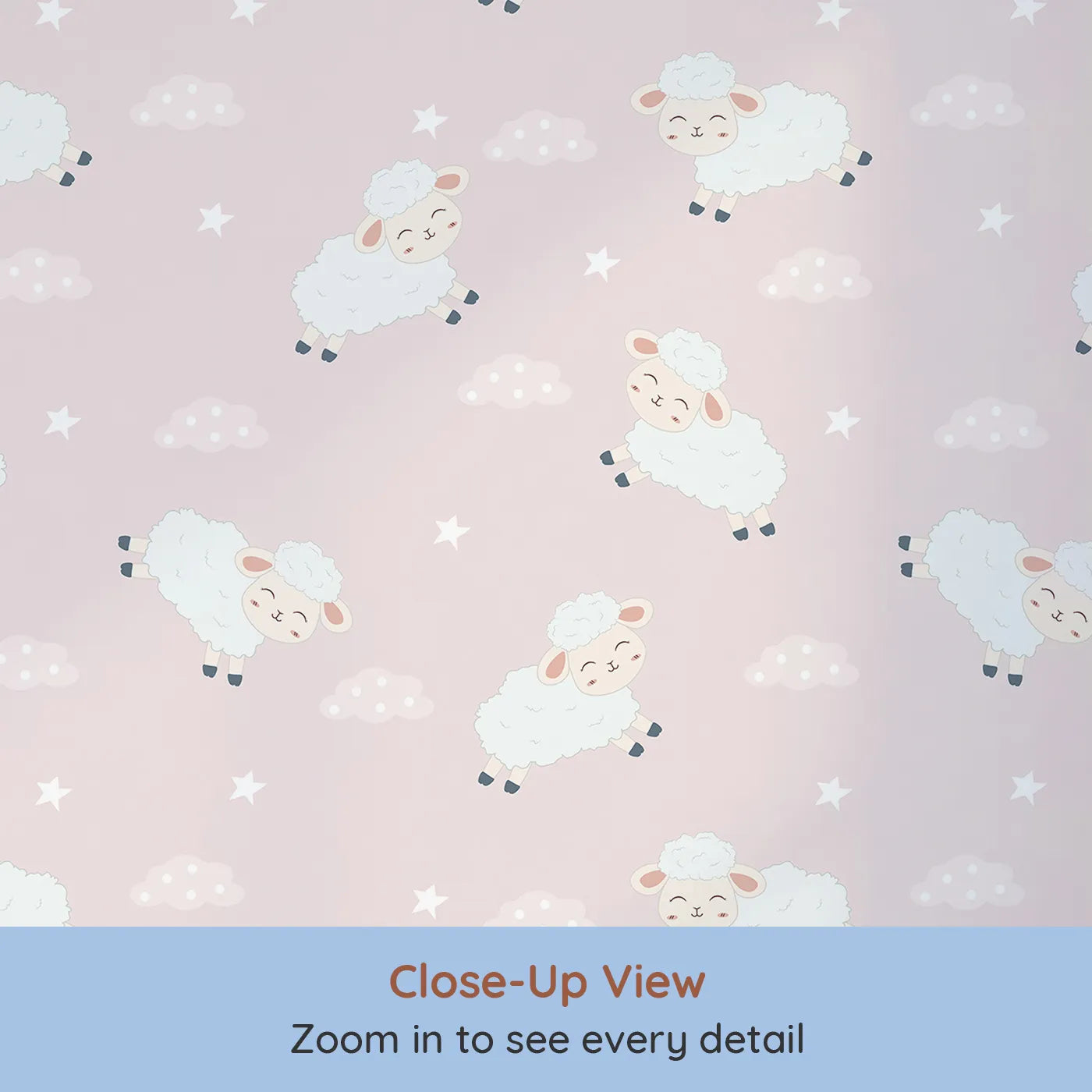 Close-up view of Whimsy Tots' Little Lamb Hops Wallpaper in Blush Pink (W3471B).Fluffy lambs bounce across a rosy blush sky of clouds and cuddles.