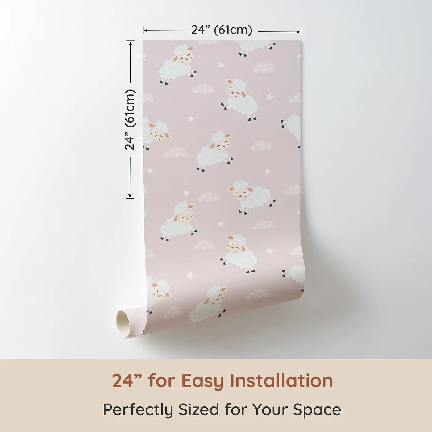 Dimension view of Whimsy Tots Little Lamb Hops Wallpaper in Blush Pink (W3471B). Printed in 24-inch-wide panel for easy installation. Fluffy lambs bounce across a rosy blush sky of clouds and cuddles.