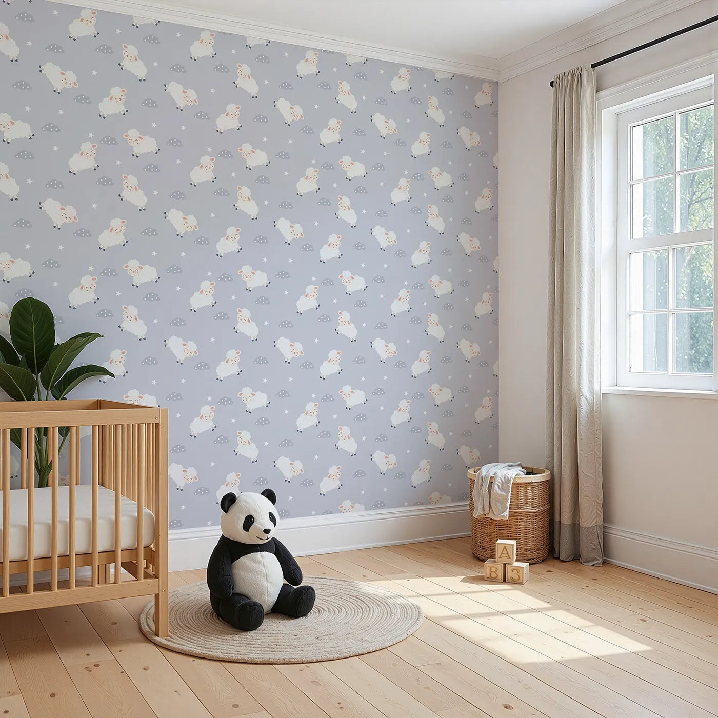 Angled view of Whimsy Tots' Little Lamb Hops Wallpaper in Dusty Blue (W3471C).Cheerful lambs hop across a dusty blue sky full of peace and play.