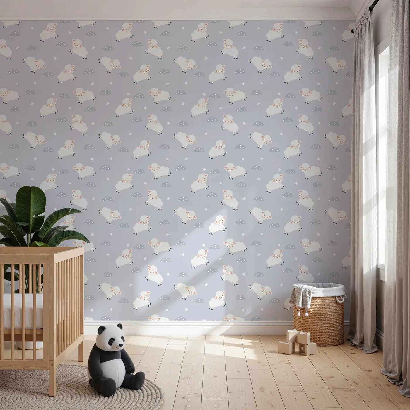 Front view of Whimsy Tots' Little Lamb Hops Wallpaper in Dusty Blue