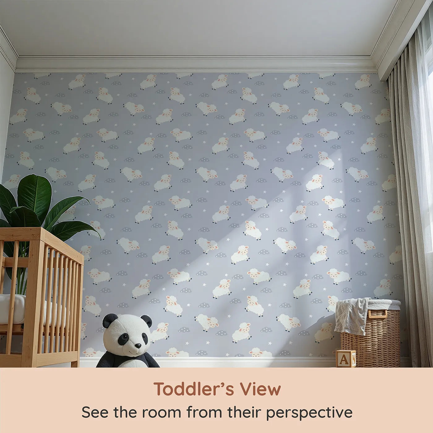 Whimsy Tots Little Lamb Hops Wallpaper in Dusty Blue (W3471C) from your child's view.Cheerful lambs hop across a dusty blue sky full of peace and play.
