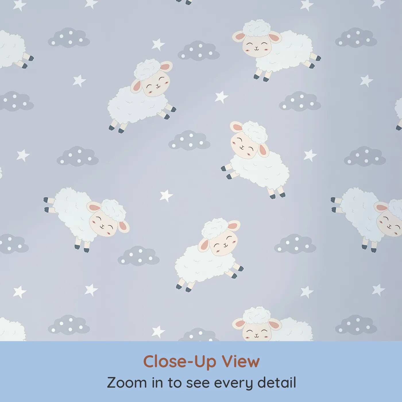 Close-up view of Whimsy Tots' Little Lamb Hops Wallpaper in Dusty Blue (W3471C).Cheerful lambs hop across a dusty blue sky full of peace and play.