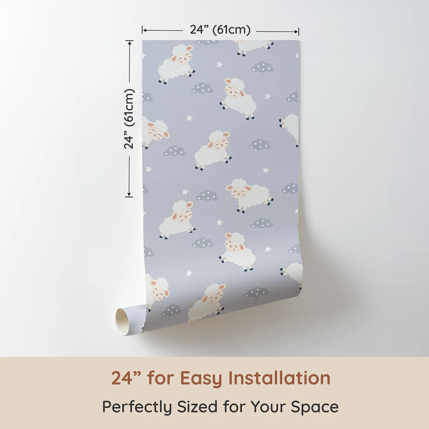 Dimension view of Whimsy Tots Little Lamb Hops Wallpaper in Dusty Blue (W3471C). Printed in 24-inch-wide panel for easy installation. Cheerful lambs hop across a dusty blue sky full of peace and play.