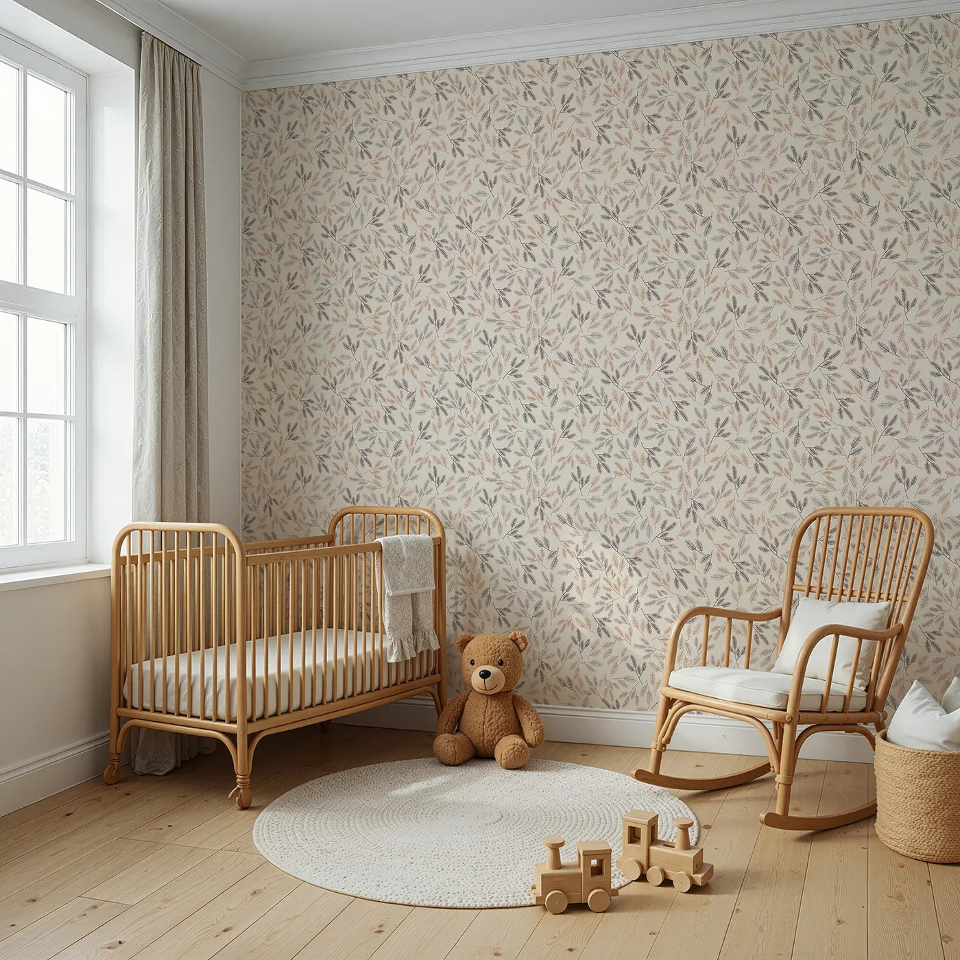 Angled view of Whimsy Tots' Whispering Ferns Wallpaper in Sandstone (W3472A).Delicate fern fronds float across a warm, earthy backdrop of peace and nature.