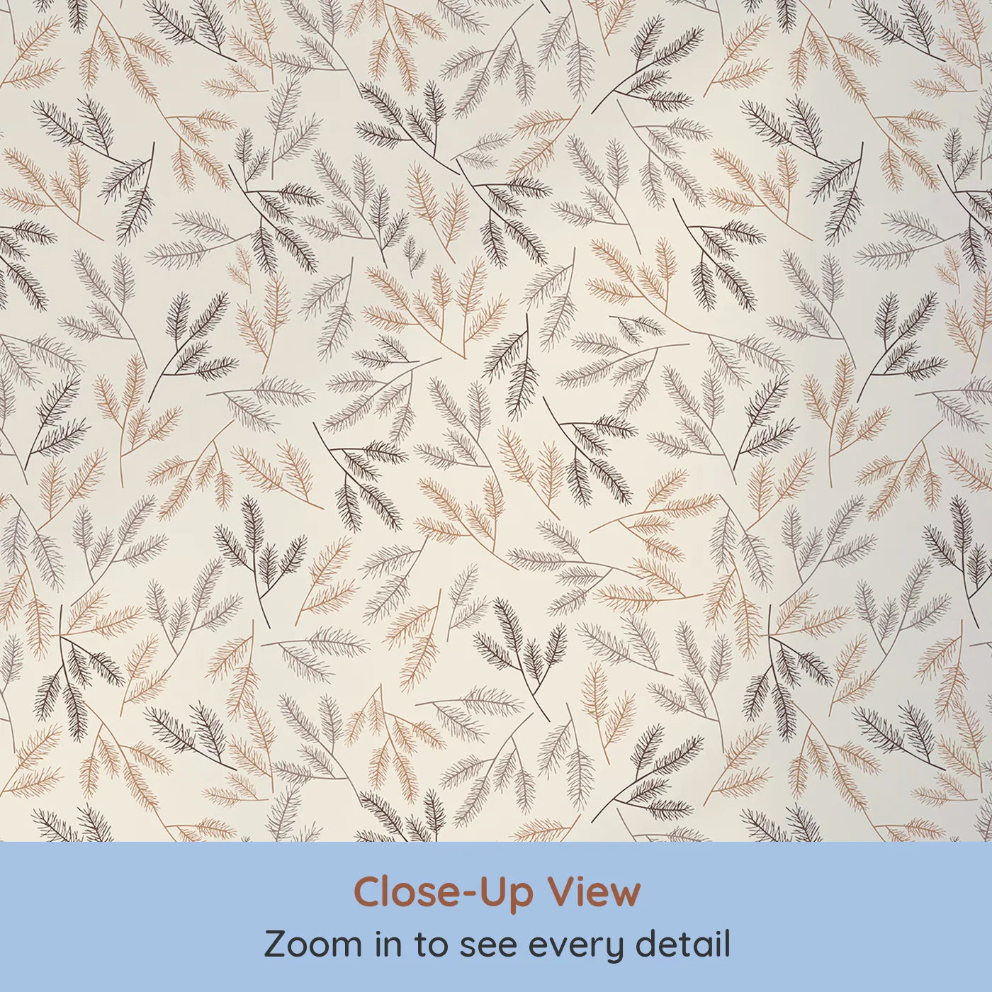 Close-up view of Whimsy Tots' Whispering Ferns Wallpaper in Sandstone (W3472A).Delicate fern fronds float across a warm, earthy backdrop of peace and nature.