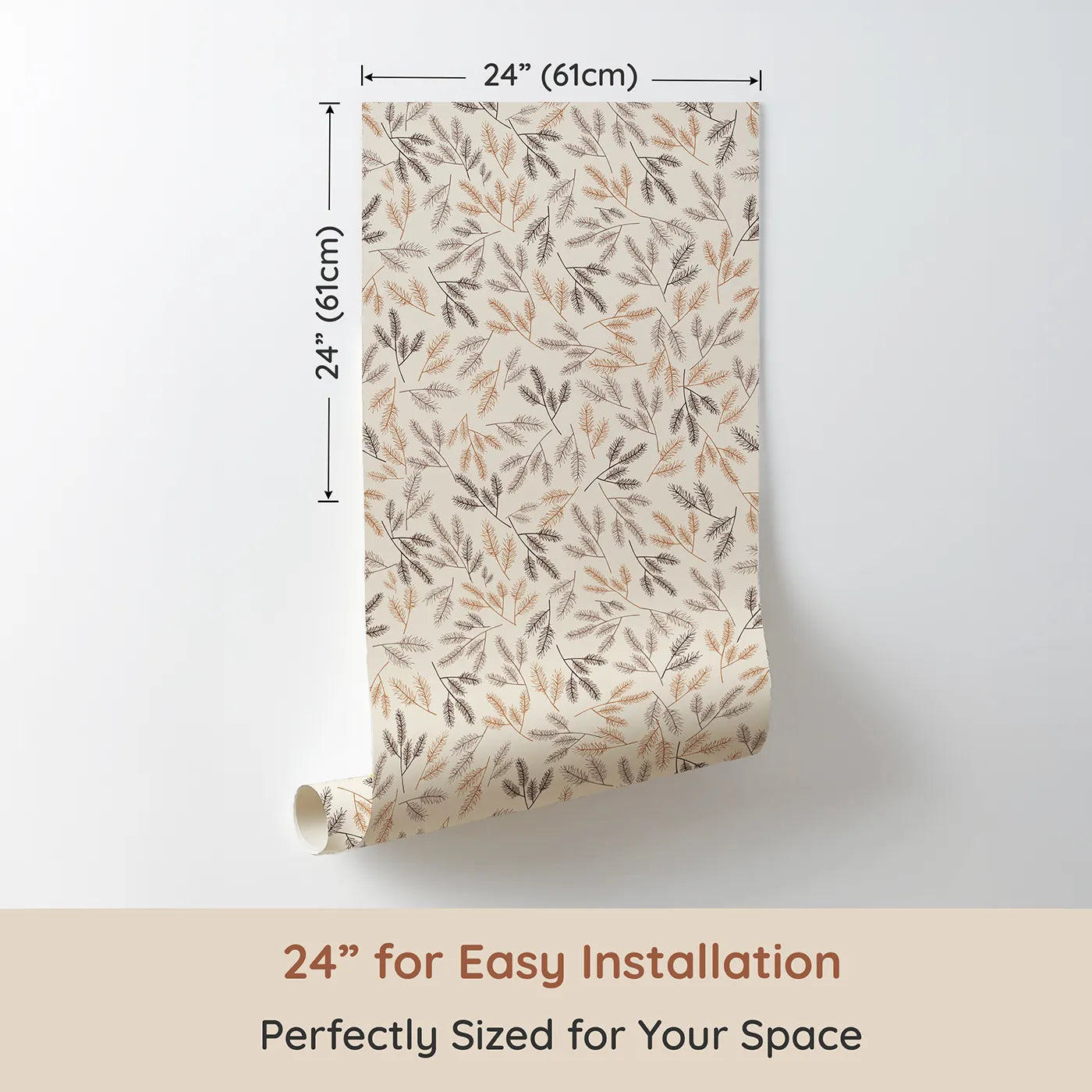 Dimension view of Whimsy Tots Whispering Ferns Wallpaper in Sandstone (W3472A). Printed in 24-inch-wide panel for easy installation. Delicate fern fronds float across a warm, earthy backdrop of peace and nature.
