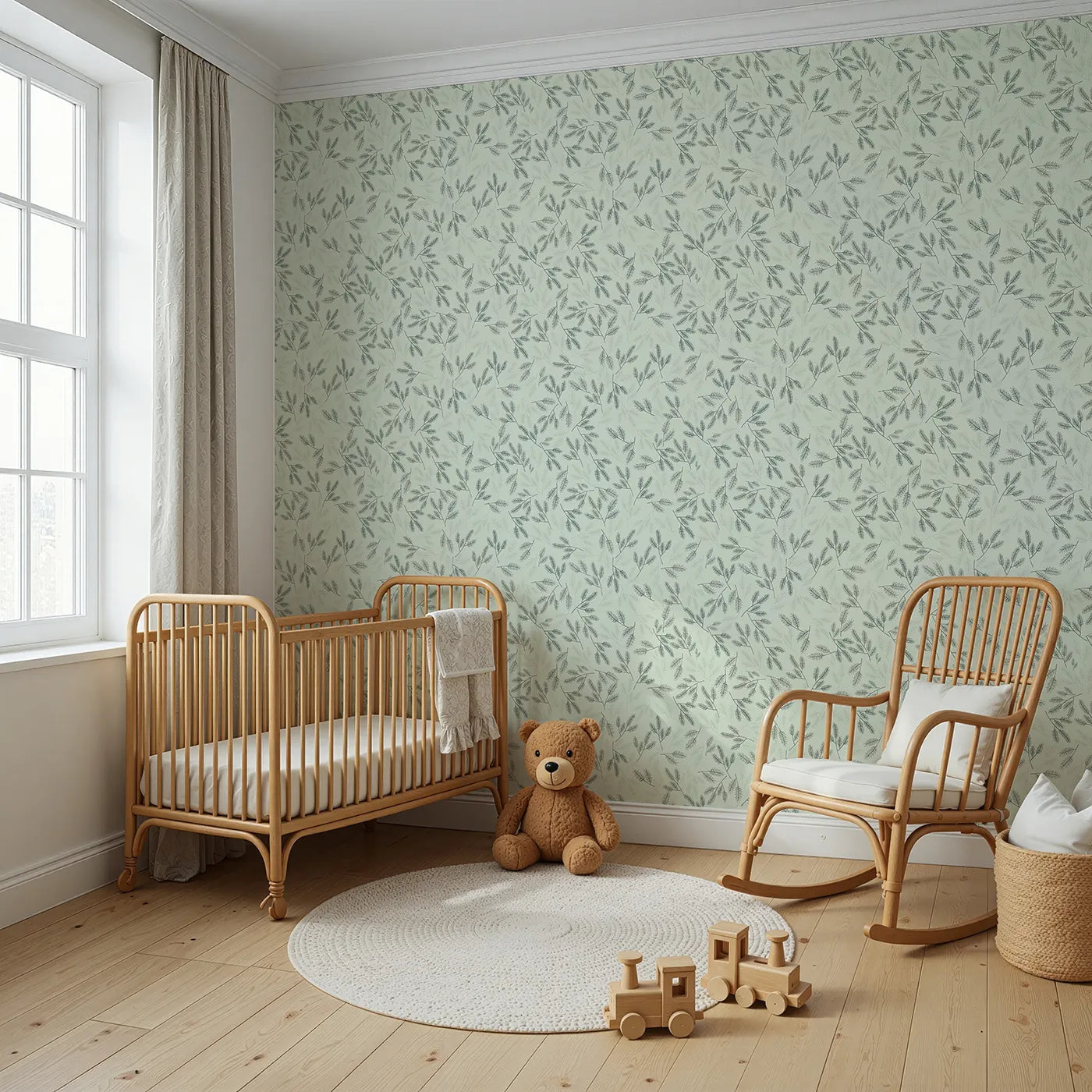 Angled view of Whimsy Tots' Whispering Ferns Wallpaper in Sage Green (W3472B).Fine fern leaves float across a soft sage sky, bringing the outdoors in.