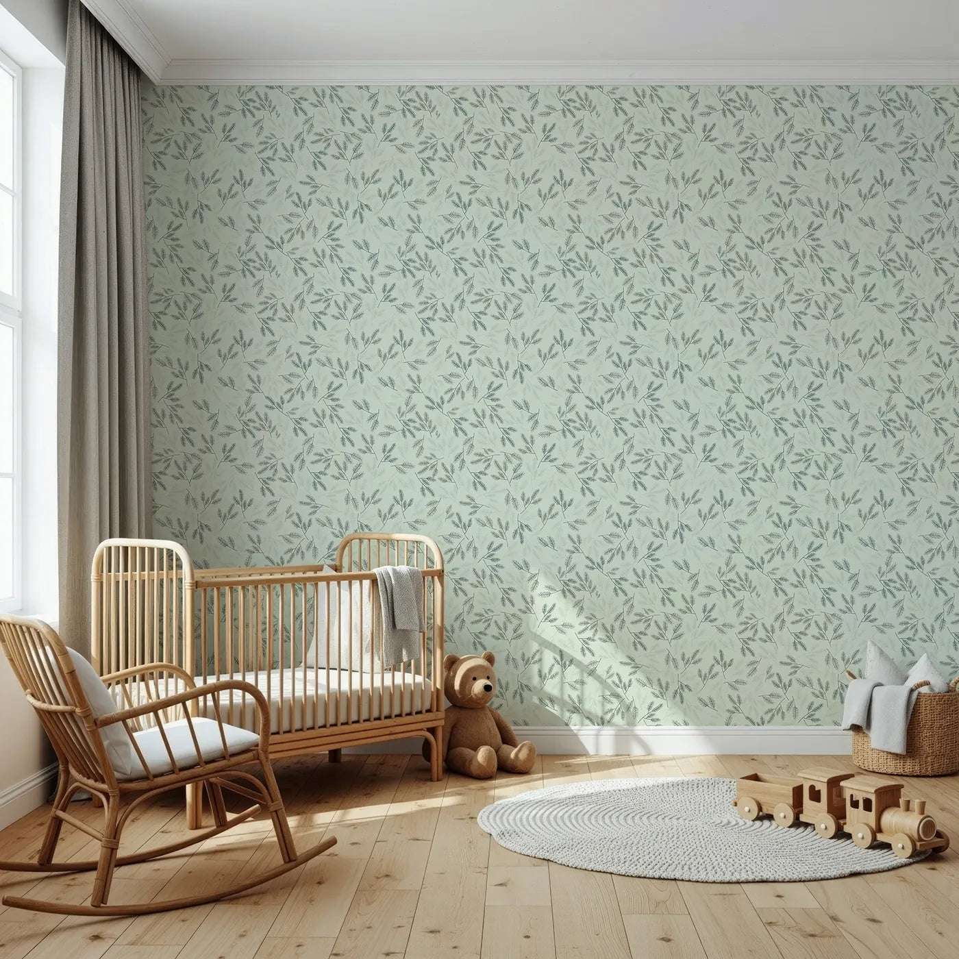 Front view of Whimsy Tots' Whispering Ferns Wallpaper in Sage Green