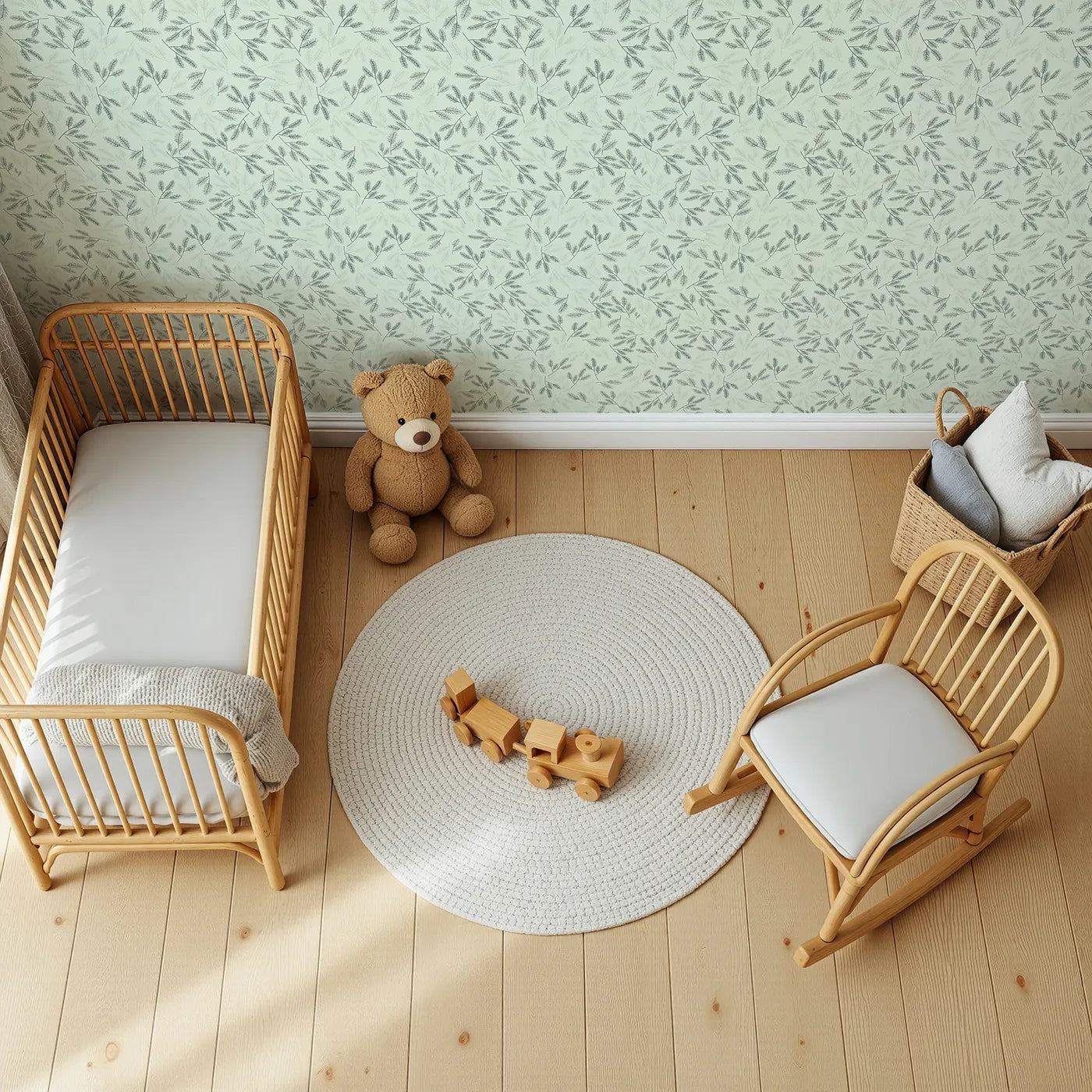 Top-Down view of Whimsy Tots' Whispering Ferns Wallpaper in Sage Green (W3472B).Fine fern leaves float across a soft sage sky, bringing the outdoors in.