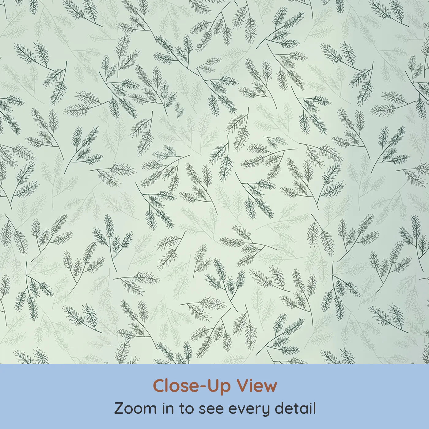 Close-up view of Whimsy Tots' Whispering Ferns Wallpaper in Sage Green (W3472B).Fine fern leaves float across a soft sage sky, bringing the outdoors in.