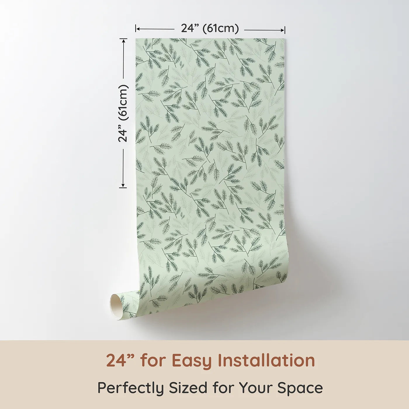 Dimension view of Whimsy Tots Whispering Ferns Wallpaper in Sage Green (W3472B). Printed in 24-inch-wide panel for easy installation. Fine fern leaves float across a soft sage sky, bringing the outdoors in.