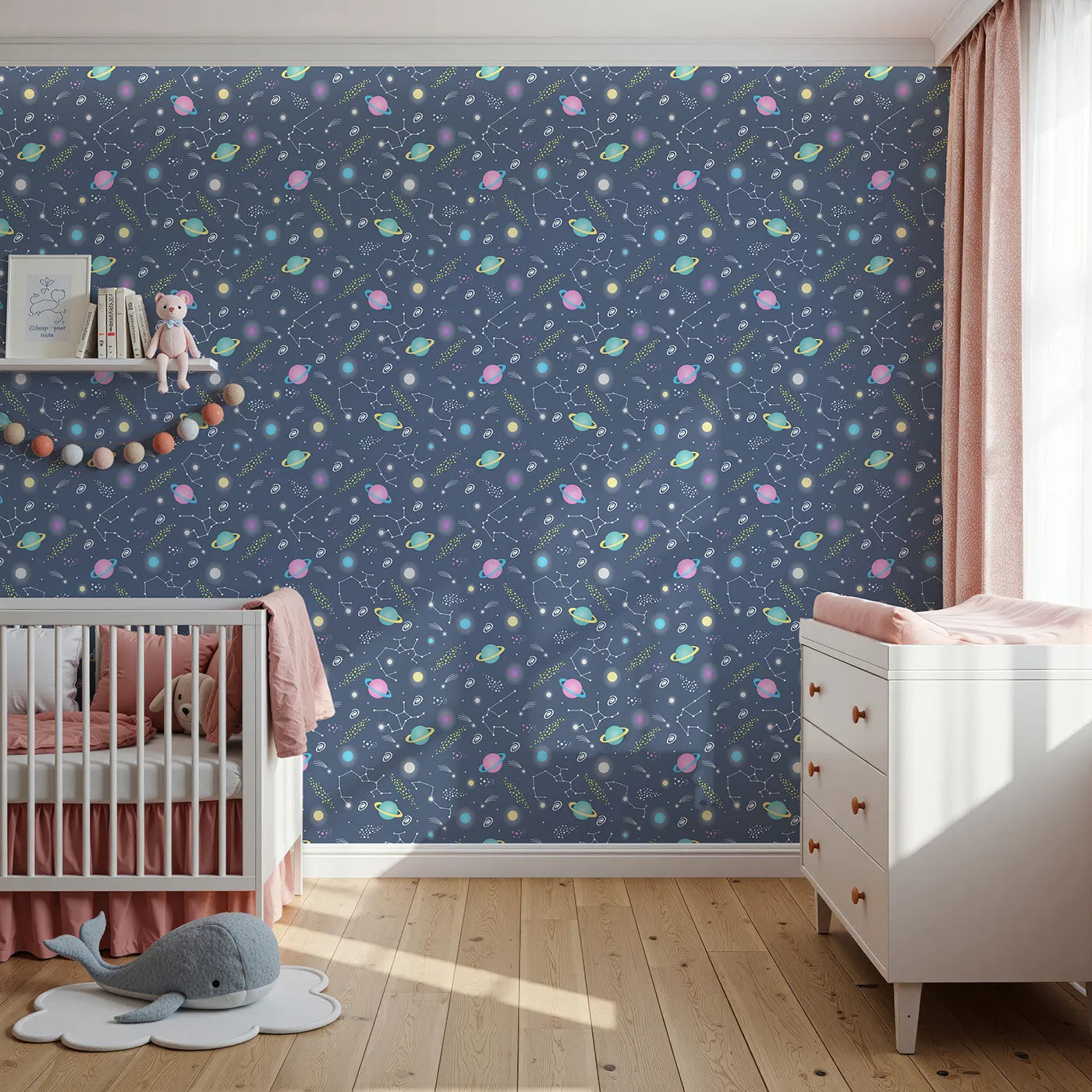 Front view of Whimsy Tots' Planet Pop Galaxy Wallpaper in Deep Blue