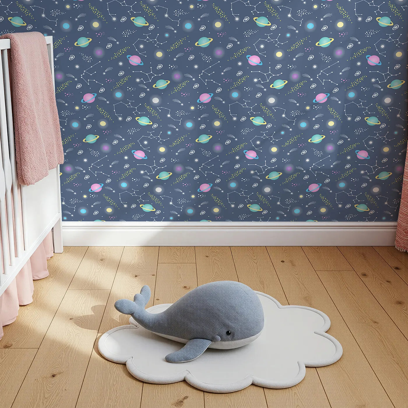 Top-Down view of Whimsy Tots' Planet Pop Galaxy Wallpaper in Deep Blue (W3473A).Popping planets, shooting stars, and constellations fill their space with wonder.