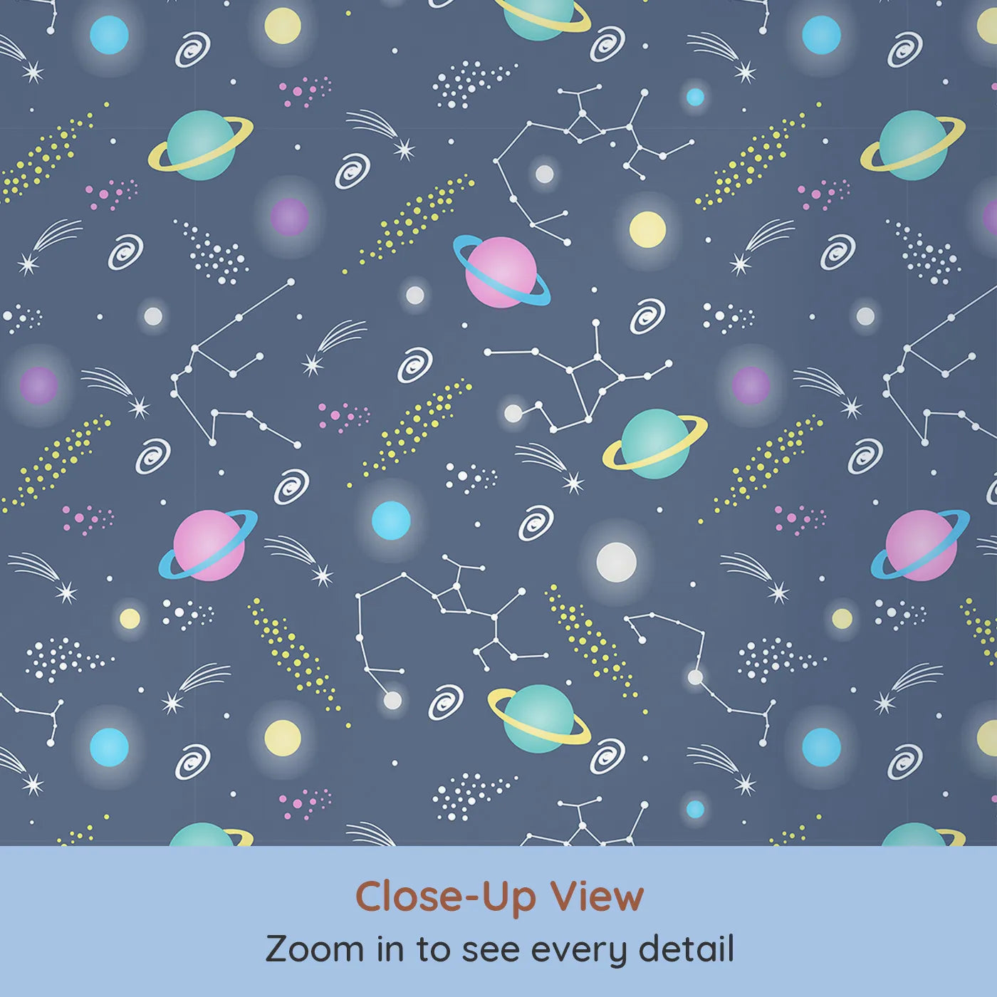 Close-up view of Whimsy Tots' Planet Pop Galaxy Wallpaper in Deep Blue (W3473A).Popping planets, shooting stars, and constellations fill their space with wonder.