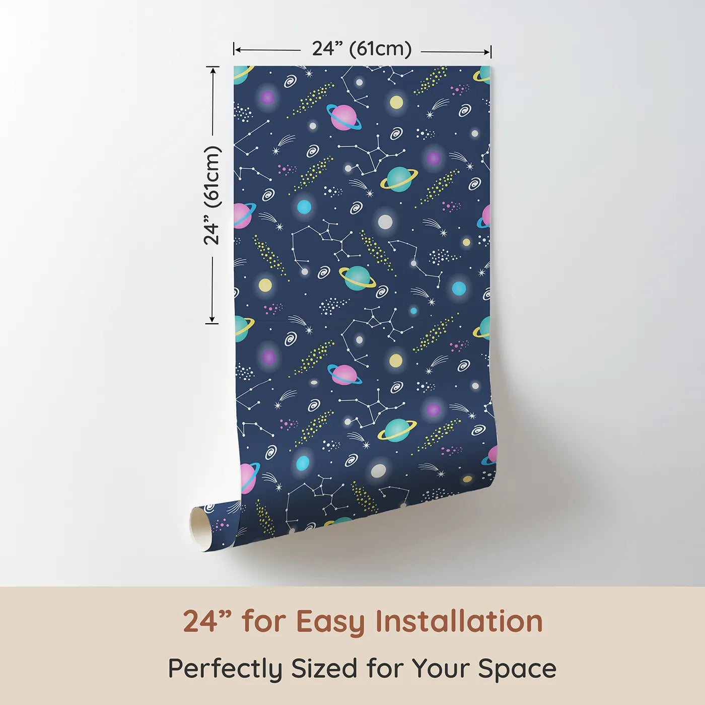 Dimension view of Whimsy Tots Planet Pop Galaxy Wallpaper in Deep Blue (W3473A). Printed in 24-inch-wide panel for easy installation. Popping planets, shooting stars, and constellations fill their space with wonder.