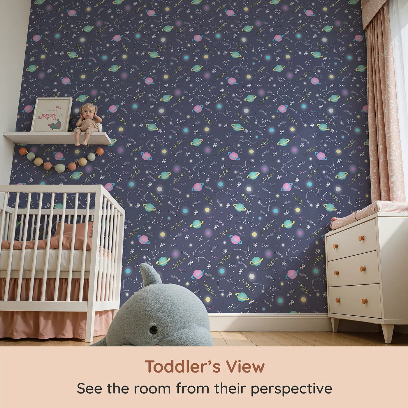 Whimsy Tots Planet Pop Galaxy Wallpaper in Midnight Navy Blue (W3473B) from your child's view.Vibrant planets and stardust dance across a deep navy sky of discovery.