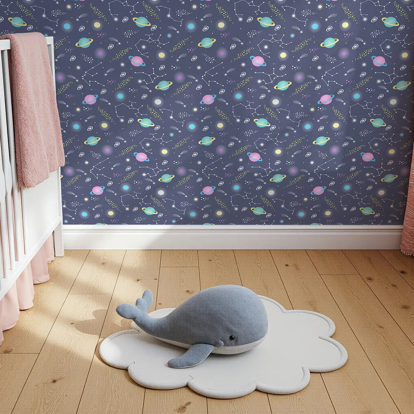 Top-Down view of Whimsy Tots' Planet Pop Galaxy Wallpaper in Midnight Navy Blue (W3473B).Vibrant planets and stardust dance across a deep navy sky of discovery.