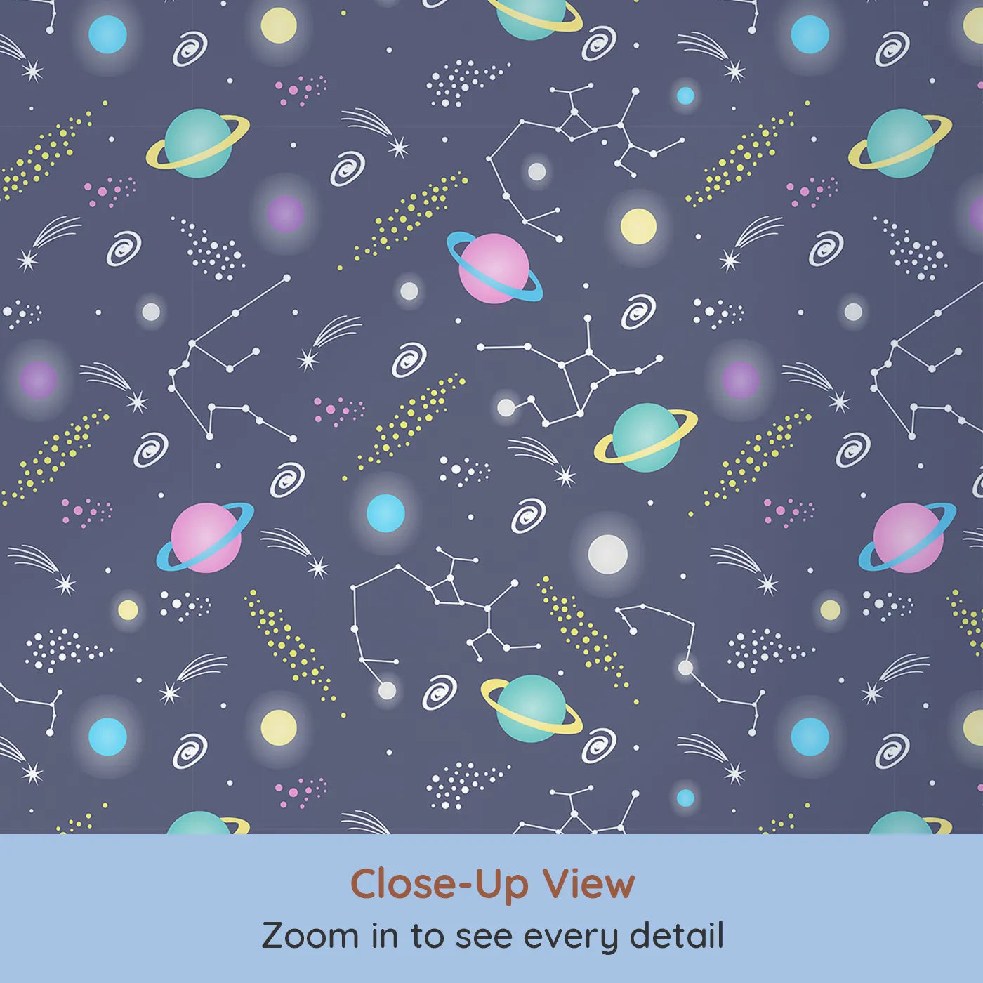 Close-up view of Whimsy Tots' Planet Pop Galaxy Wallpaper in Midnight Navy Blue (W3473B).Vibrant planets and stardust dance across a deep navy sky of discovery.