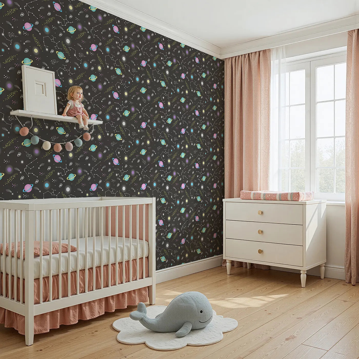 Angled view of Whimsy Tots' Planet Pop Galaxy Wallpaper in Starry Black (W3473C).Bright pastel planets glow boldly against a starry black galaxy sky.