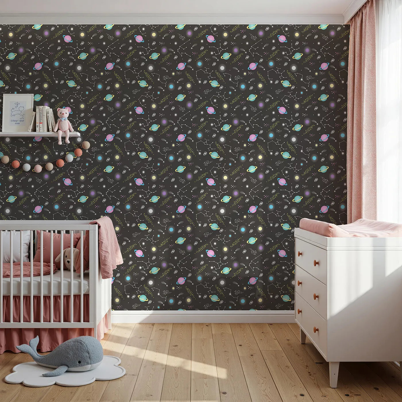 Front view of Whimsy Tots' Planet Pop Galaxy Wallpaper in Starry Black
