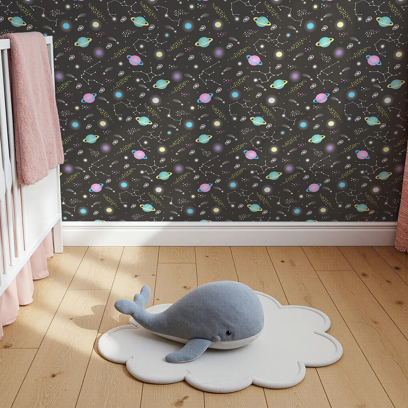 Top-Down view of Whimsy Tots' Planet Pop Galaxy Wallpaper in Starry Black (W3473C).Bright pastel planets glow boldly against a starry black galaxy sky.