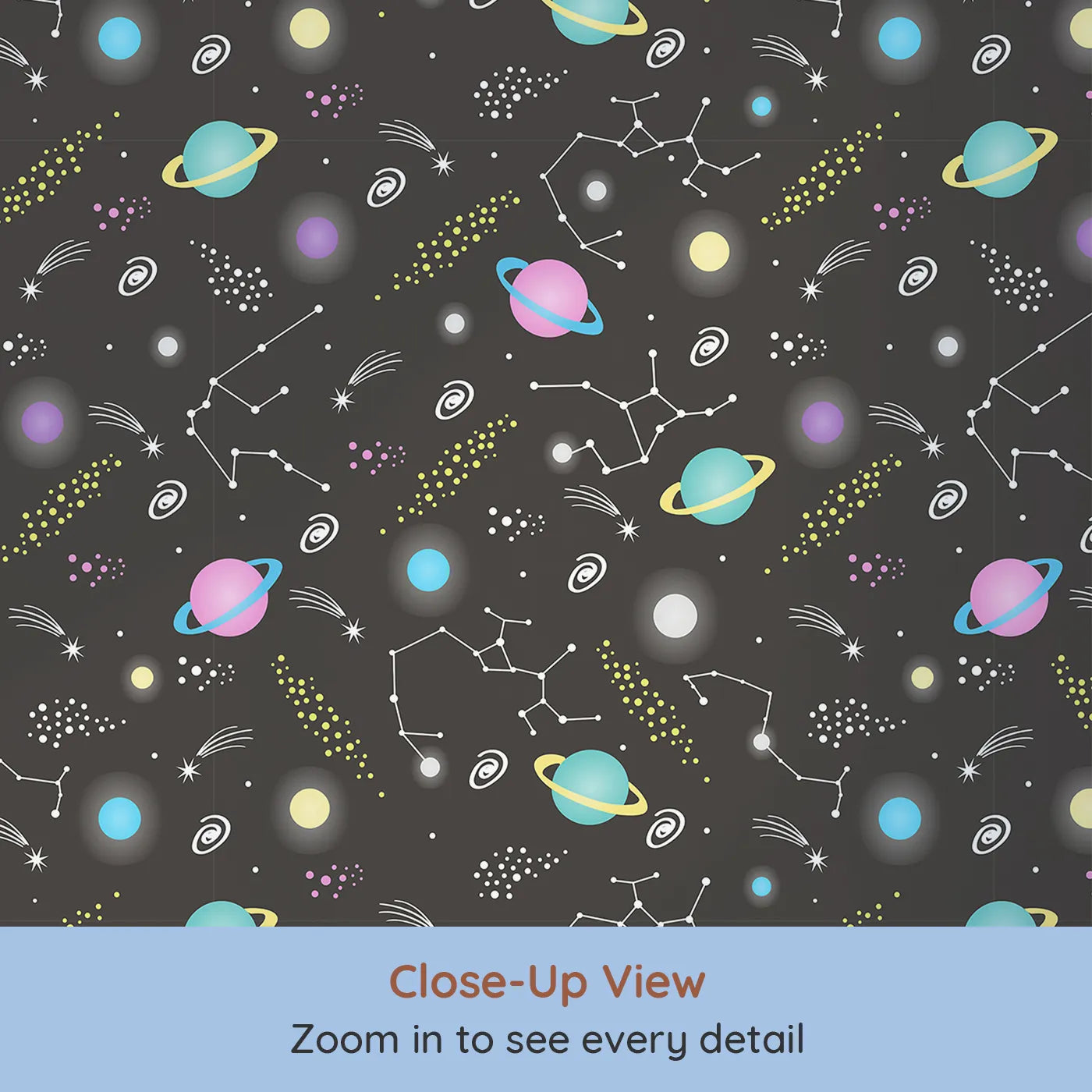 Close-up view of Whimsy Tots' Planet Pop Galaxy Wallpaper in Starry Black (W3473C).Bright pastel planets glow boldly against a starry black galaxy sky.