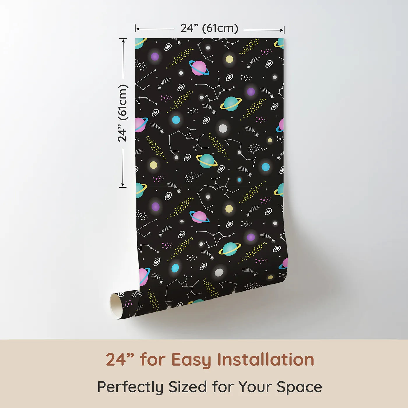 Dimension view of Whimsy Tots Planet Pop Galaxy Wallpaper in Starry Black (W3473C). Printed in 24-inch-wide panel for easy installation. Bright pastel planets glow boldly against a starry black galaxy sky.