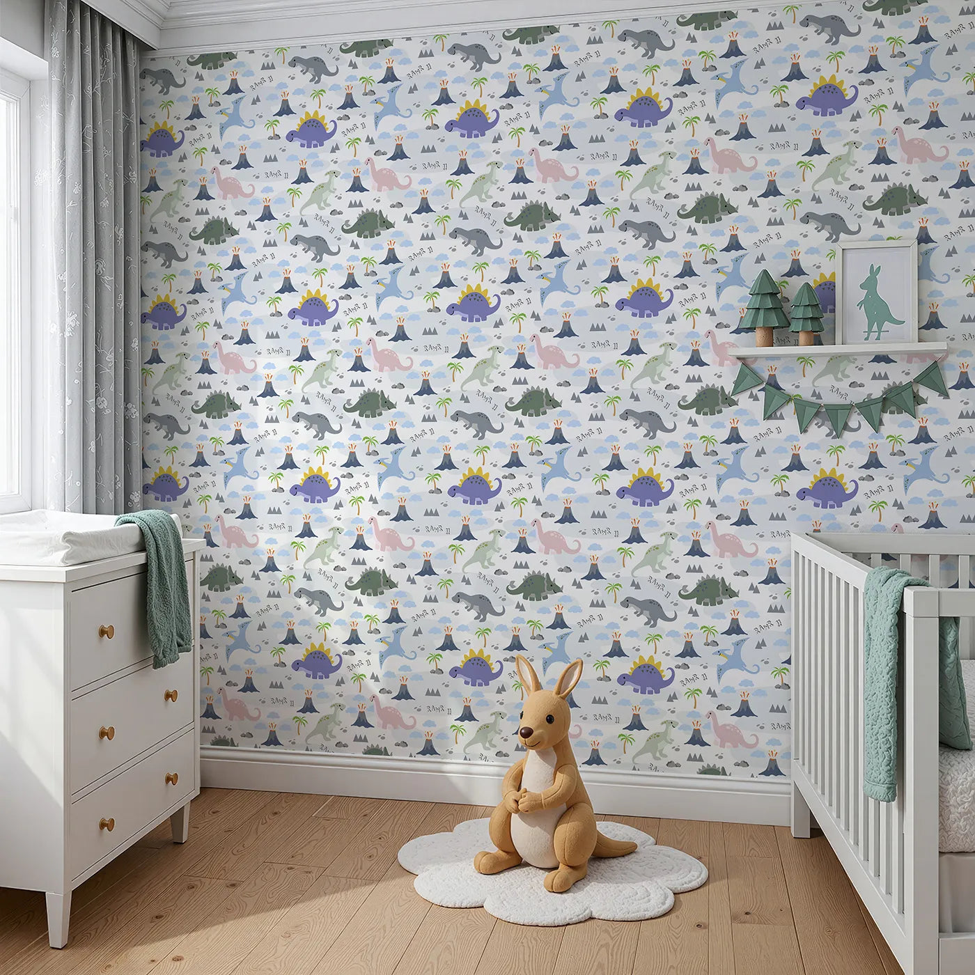 Angled view of Whimsy Tots' Rawr-some Dino Land Wallpaper in White (W3474A).Playful dinosaurs roam through volcanoes, clouds, and palm trees.