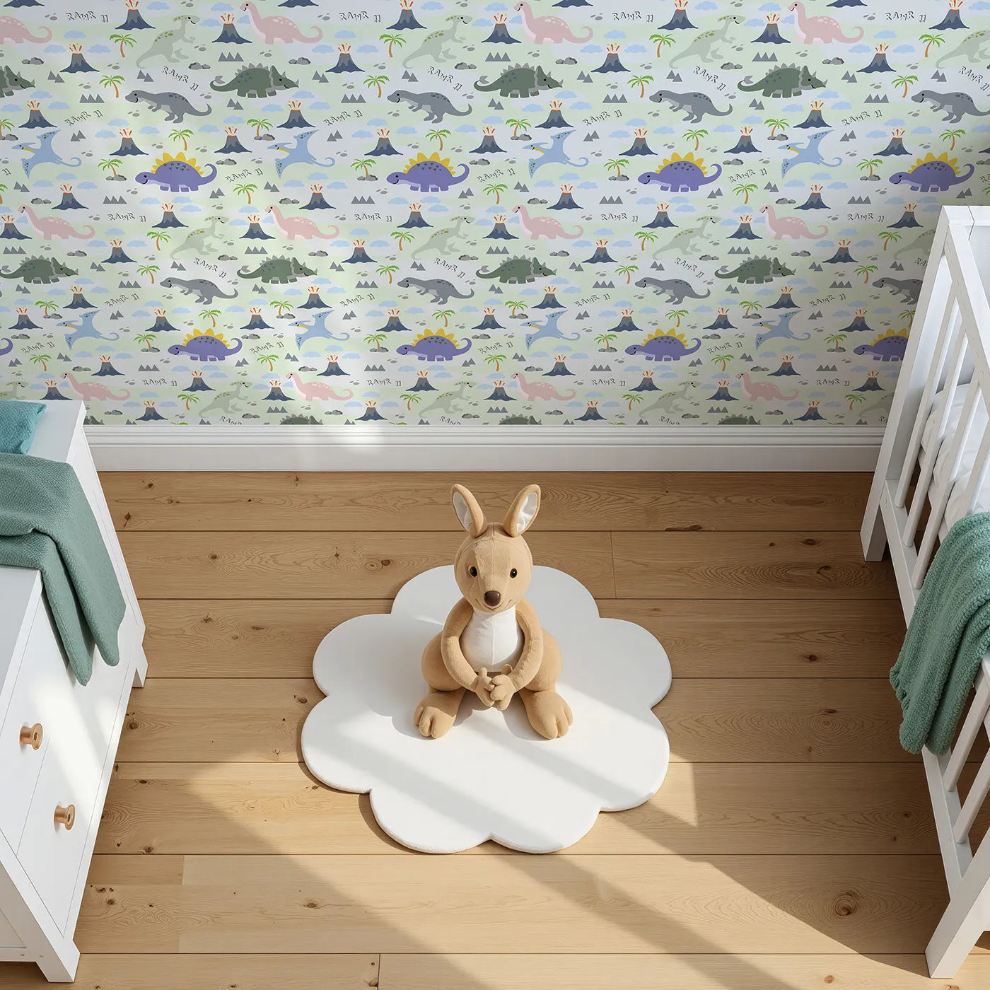 Top-Down view of Whimsy Tots' Rawr-some Dino Land Wallpaper in Mint Green (W3474B).Smiling dinos roam through minty hills, erupting volcanoes, and playful skies.