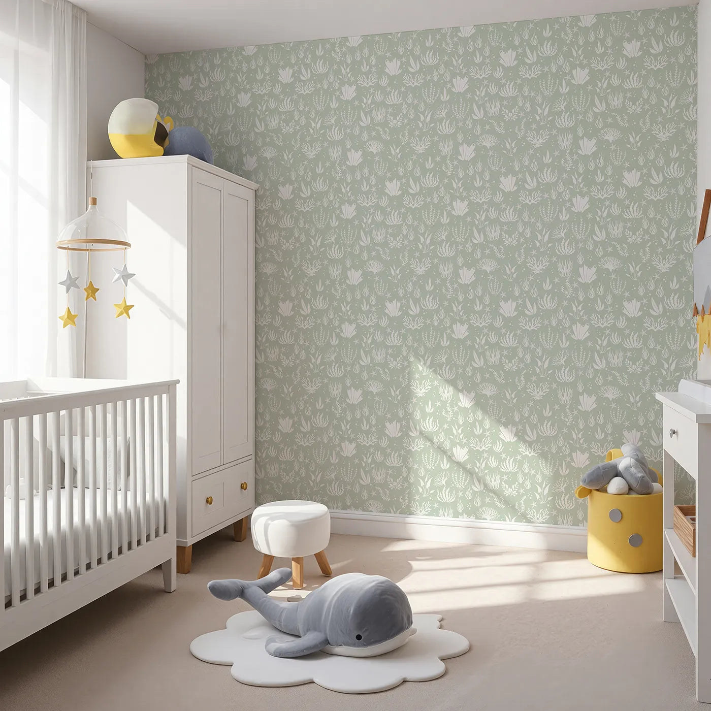 Angled view of Whimsy Tots' Coral Garden Dance Wallpaper in Seafoam Green (W3476C).Flowing sea life and soft greens bring underwater calm to every wall.