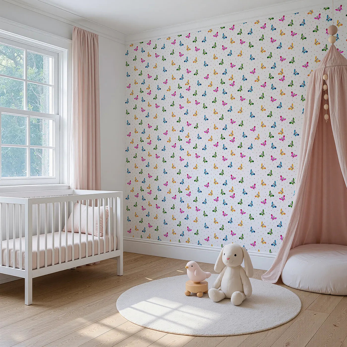 Angled view of Whimsy Tots' Rainbow Flutter Parade Wallpaper in White (W3478).Colorful butterflies flutter through a cheerful sky of soft pastel dots.