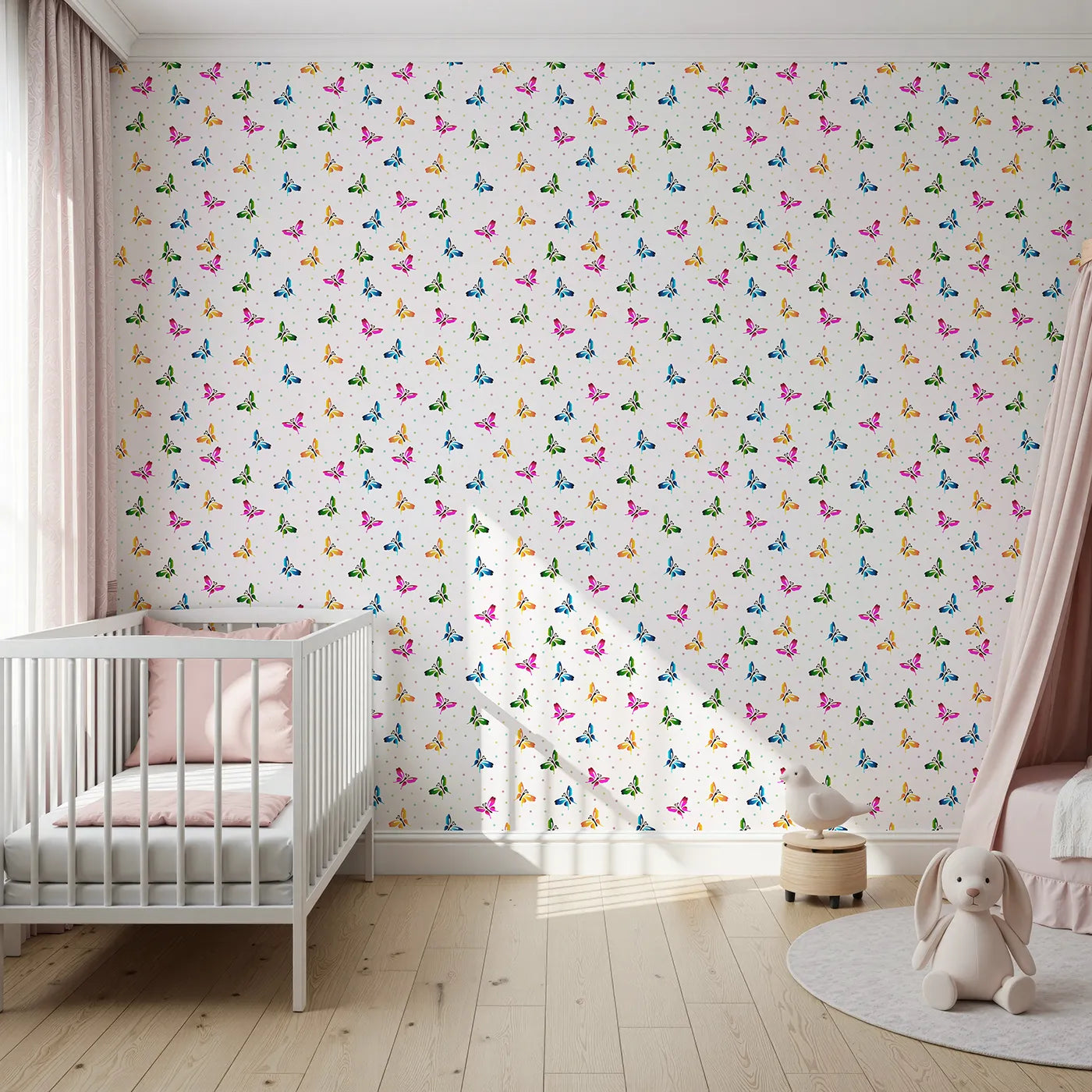Front view of Whimsy Tots' Rainbow Flutter Parade Wallpaper in White