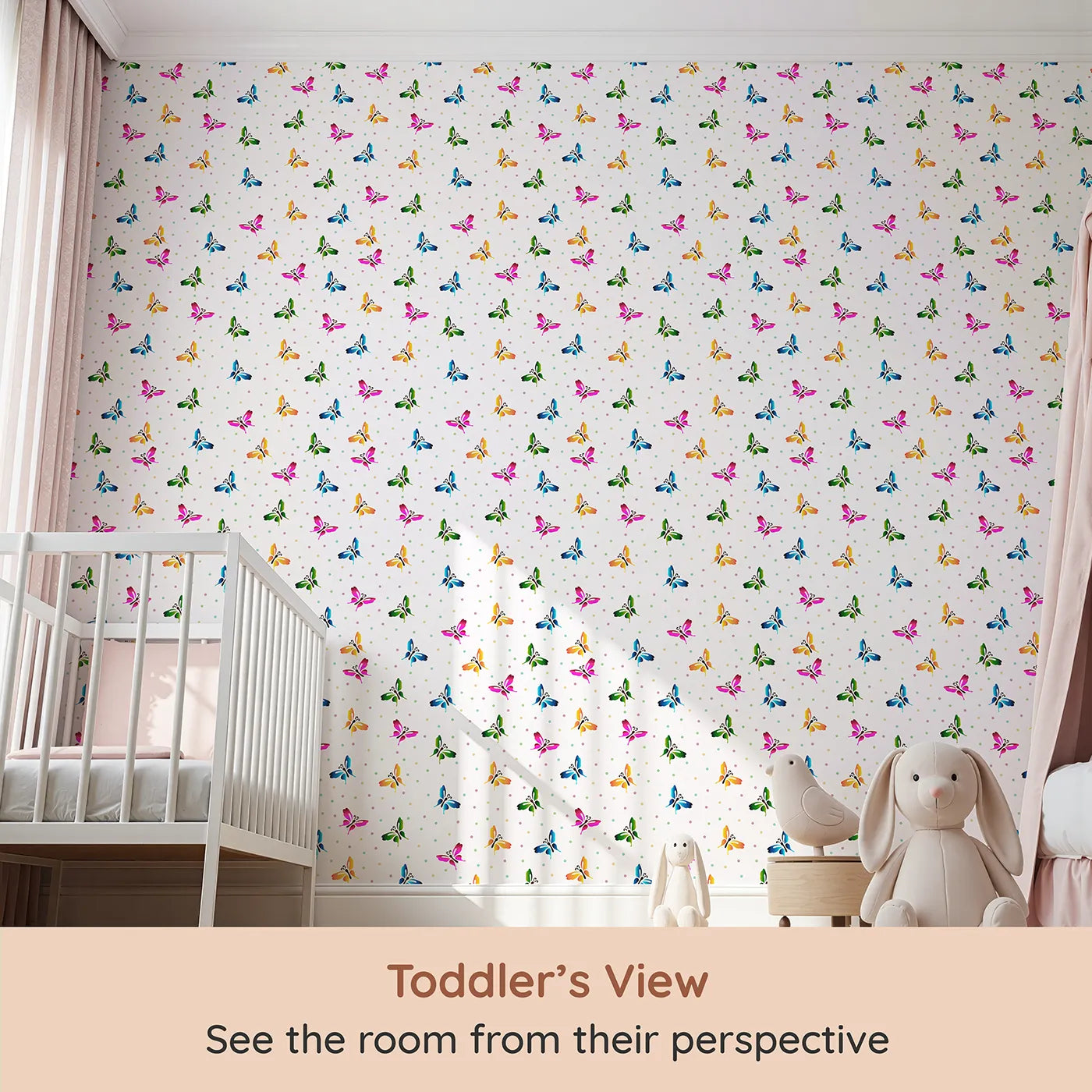 Whimsy Tots Rainbow Flutter Parade Wallpaper in White (W3478) from your child's view.Colorful butterflies flutter through a cheerful sky of soft pastel dots.