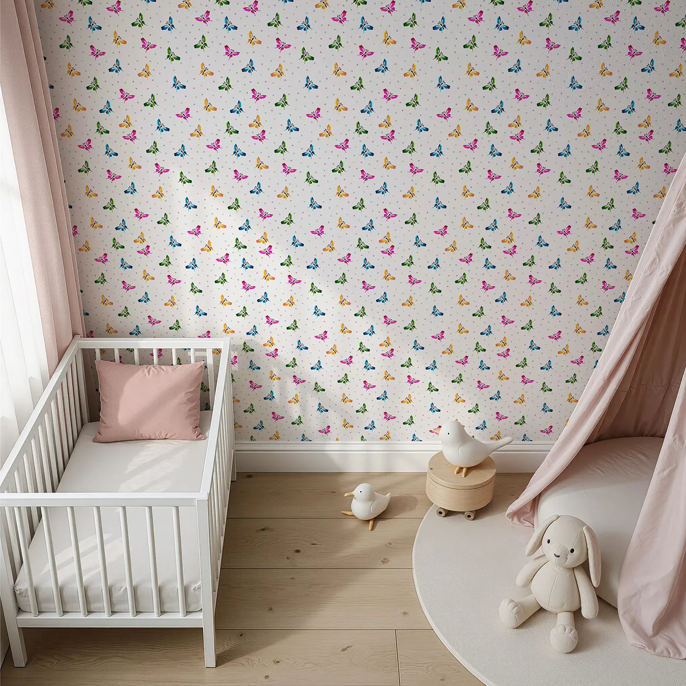 Top-Down view of Whimsy Tots' Rainbow Flutter Parade Wallpaper in White (W3478).Colorful butterflies flutter through a cheerful sky of soft pastel dots.