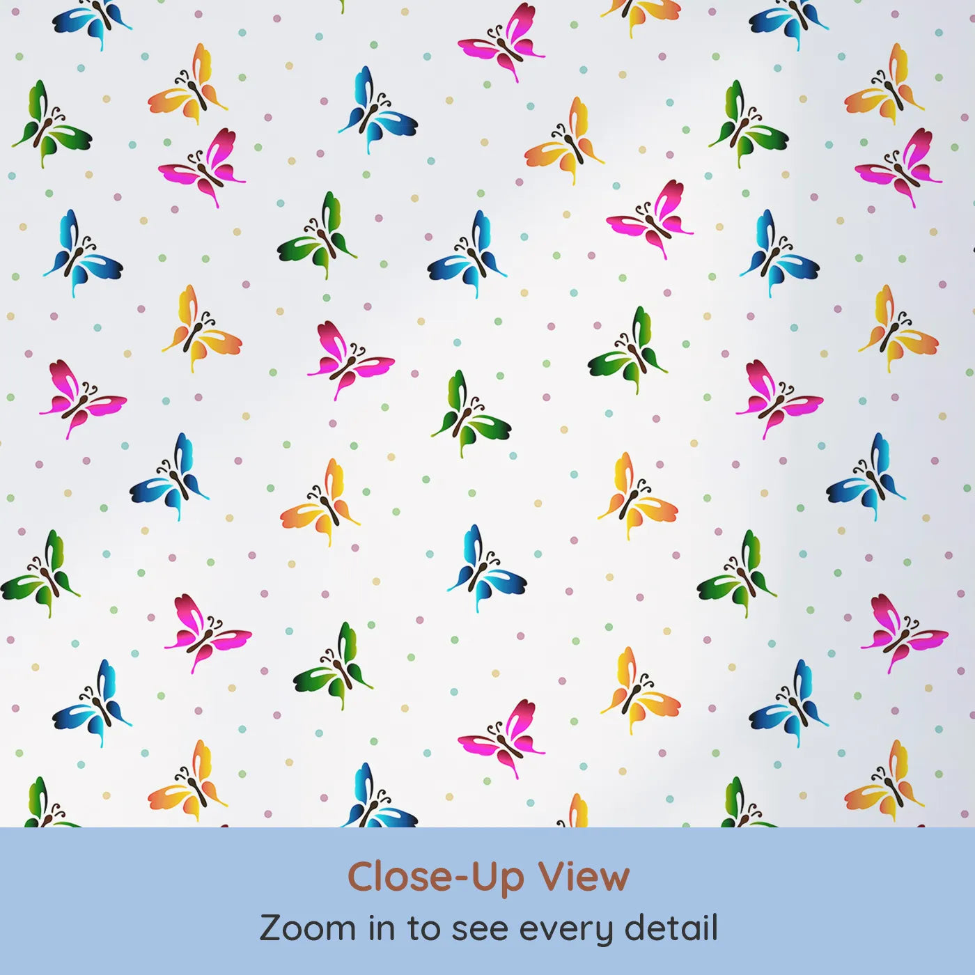 Close-up view of Whimsy Tots' Rainbow Flutter Parade Wallpaper in White (W3478).Colorful butterflies flutter through a cheerful sky of soft pastel dots.