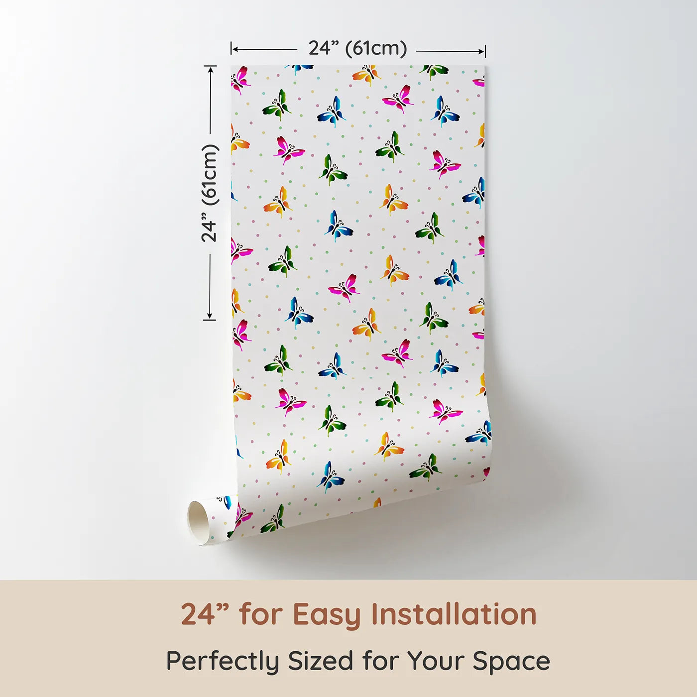 Dimension view of Whimsy Tots Rainbow Flutter Parade Wallpaper in White (W3478). Printed in 24-inch-wide panel for easy installation. Colorful butterflies flutter through a cheerful sky of soft pastel dots.